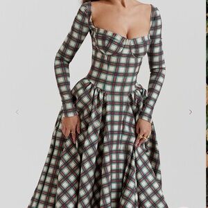 House of CB Plaid Long Sleeve Dress - Green and Red